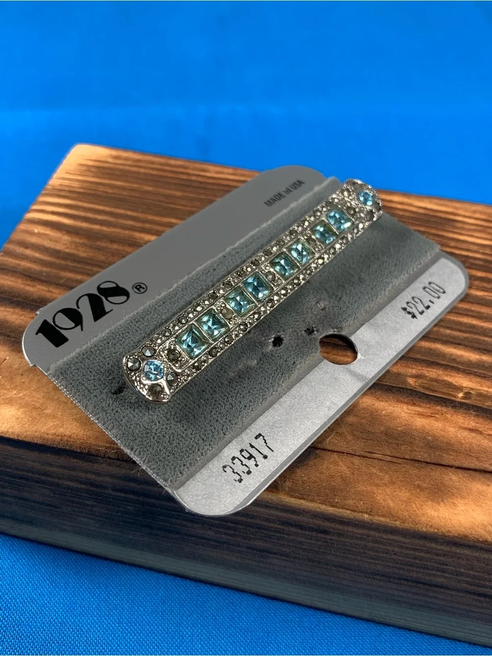 Vintage 1928 Silver Bar Blue Stone Marcasite Pin Brooch Art Deco Revival